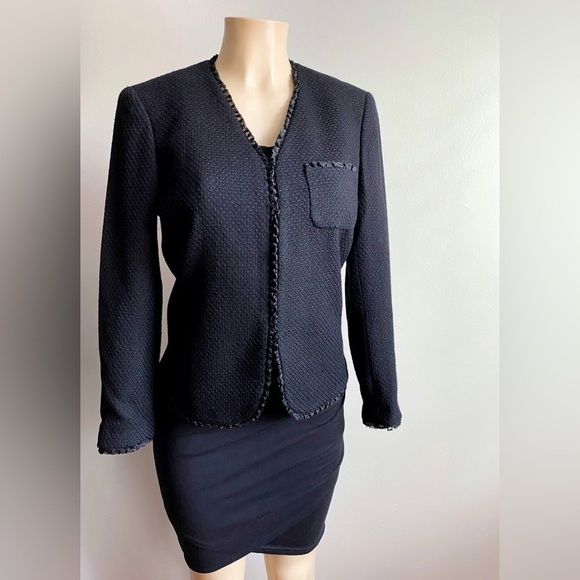 Dana Buchman Black Wool Tweed Blazer Collarless Jacket Career Formal Textured 4 - Picture 5 of 12